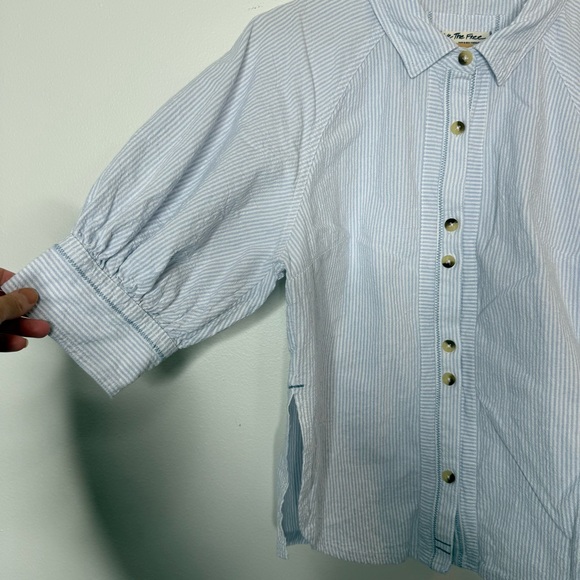 We The Free Ellie Stripe Puff Sleeve Pin Stripe 100% Cotton Collared Blouse - Picture 9 of 11